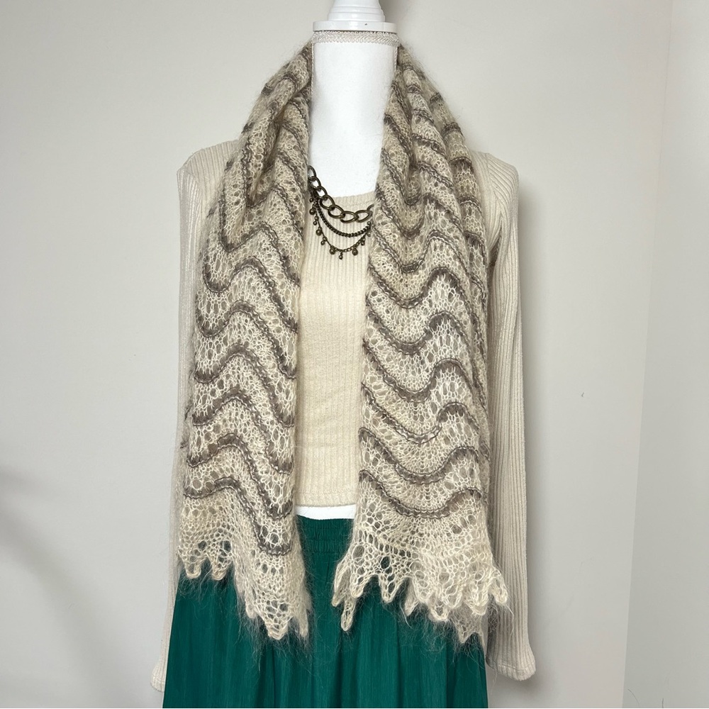 Hand-Knit Mohair Wool Natural Fiber Scarf - Cream & Cool Steel Gray Stripes 🩶🕊️